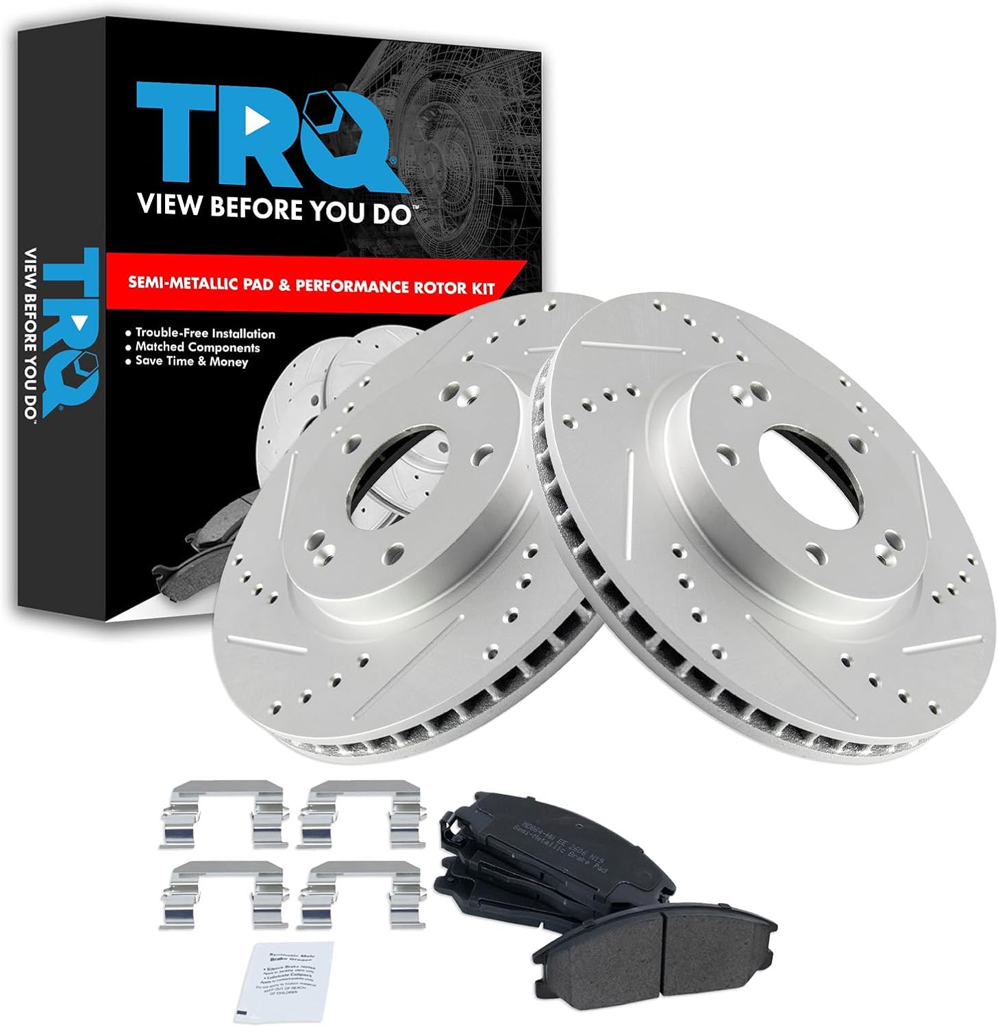TRQ Front Performance Brake Pad & Rotor Kit Brake Pads Brake Rotors Set Semi-Metallic Premium G-Coated Compatible with 2001-2006 Hyundai Santa Fe