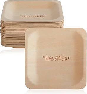 Mrs. and Mrs. Disposable Wedding Plates – Rustic, Compostable Alternative to Plastic Plates for Wedding Receptions, Engagement Parties, and Rehearsal Dinners (Appetizer, 50-Pack)