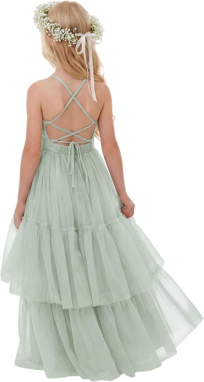 Boho Flower Girls Dress Tulle Backless Ruffle Girls Dress Beach Wedding Tiered Flowy Party Maxi Gown