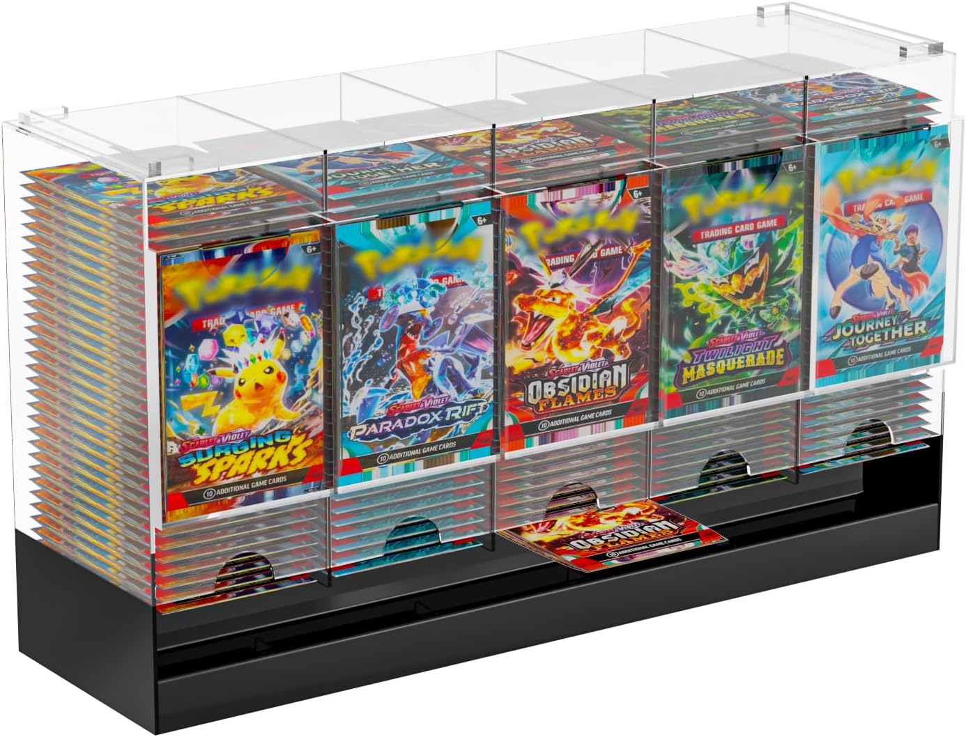 5-Slot Booster Pack Dispenser with Black Base, Card Pack Dispenser Fits 200 Booster Packs for Dispensing, Compatible with TCG Trading Card Boosters and Sports Card Boosters & More, Acrylic Stackable