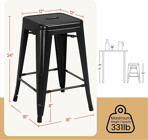 Miniatura 3 de Yaheetech Juego de 4 taburetes de metal de 24 pulgadas, taburetes sin respaldo de altura de mostrador, sillas de bar apilables industriales con
