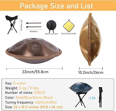 432Hz/440Hz Handpan Drum 9/10/12-Notes 22in Handpan Drum Instrument In D Minor Steel Hand Pan Drums For Adults With Soft Handpan Bag, Handpan Stand(Blue,432HZ/9Note)