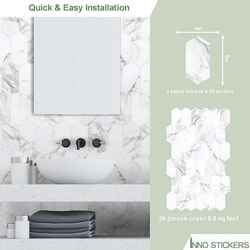 Miniatura 3 de Azulejo de piedra para cocina, despegar y pegar, azulejos autoadhesivos hexagonales largos, mármol de carrara blanco en azulejos decorativos de