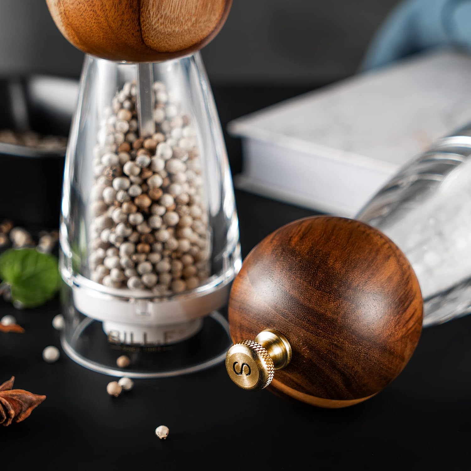 Wood Salt and Pepper Grinders Refillable Set of 2 - Refillable Acrylic Salt Shaker or Pepper Shaker Two 5 oz Salt - Pepper Mill or Salt Mill - Spice Grinder - Easy Clean Ceramic Grinders
