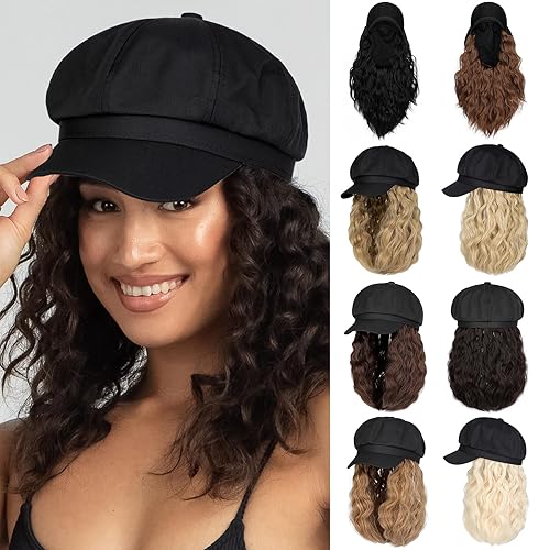 Newsboy Cap with Hair Extensions Short Curly Wavy Bob Hairstyle