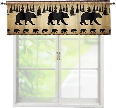 Retro Bear Valance Curtains for Kitchen Decor, Vintage Wild Animal Forest Woodland Silhouette Yellowed Backdrop Window Treatments, Rod Pocket Window Drapes for Boy Room Bedroom, 54x18in 1P