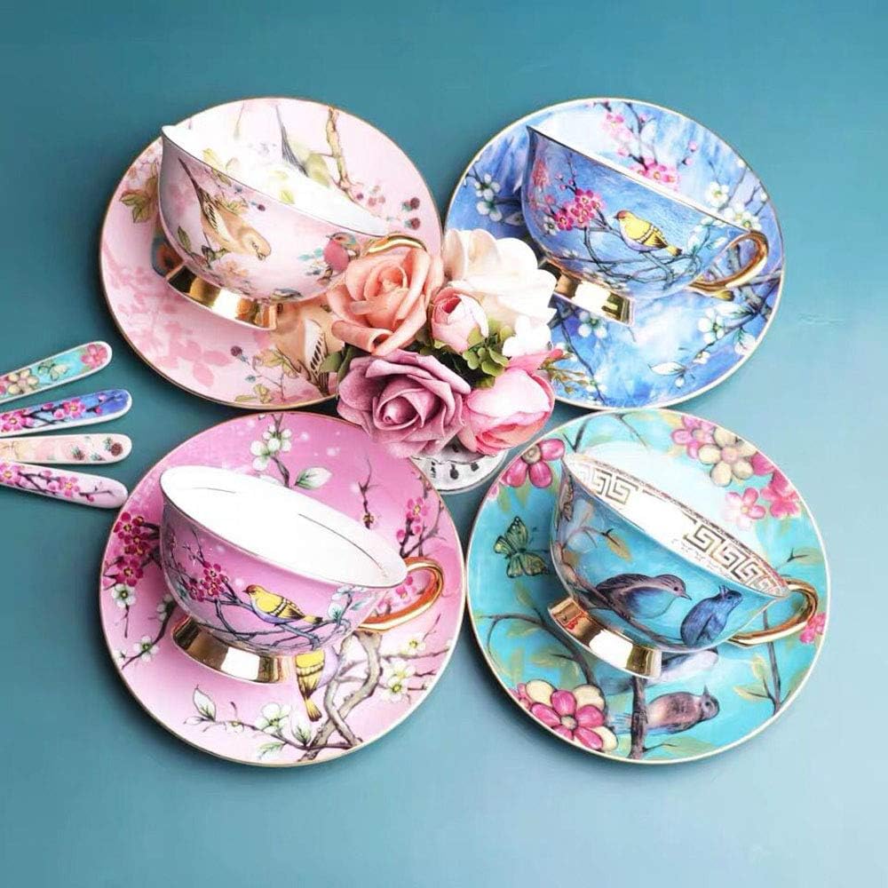 Bone China Cup& Saucer Set, 6.8oz- Birds& Trees(Light Pink)