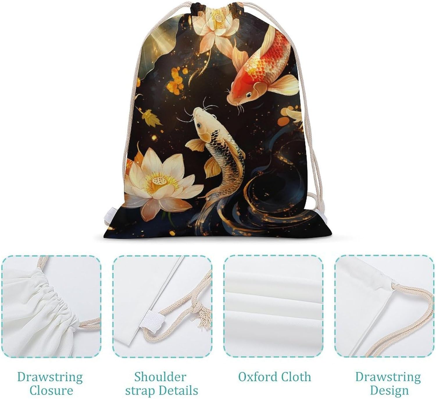 Japanese Fish in Lotues Drawstring Backpack for Men Women Sports Gym Bag String Bag