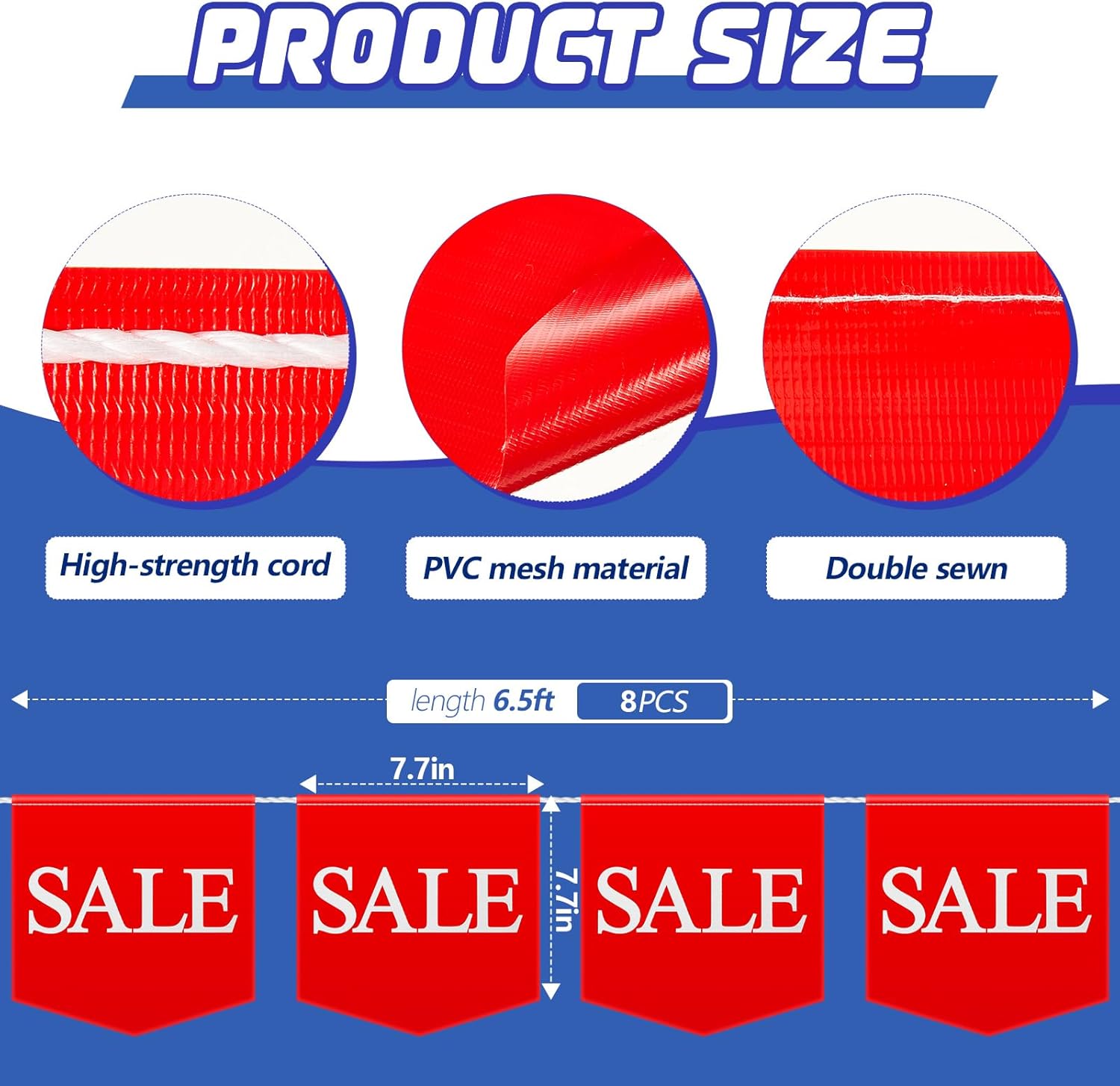 Mindsoft 8 Pcs Sale Signs - 7.7 Inches x 6.5 ft Vinyl Plastic Bright Red Flags Pennant for Garage Yard Business Residential Retail Store, Easy to Hang