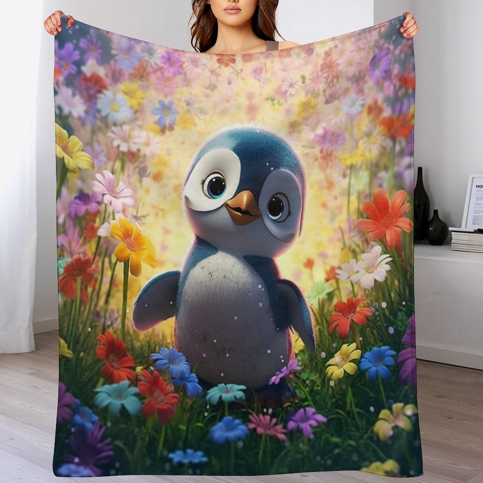 Couverture pingouin en peluche souple pour des soirées cocooning chaleureuses sur le canapé-lit