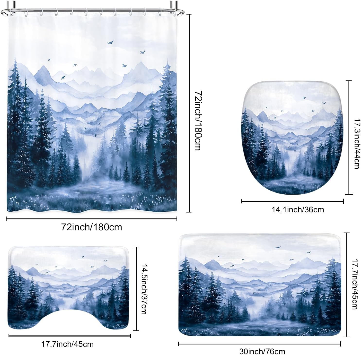 KOMLLEX 4Pcs Blue Mountain Shower Curtain Sets, Bath Mat and Toilet Lid Cover,Rustic Modern Watercolor Woodland Nature Pine Tree Misty Bathroom Decor Set with Rugs and Accessories, 12 Pack Hooks