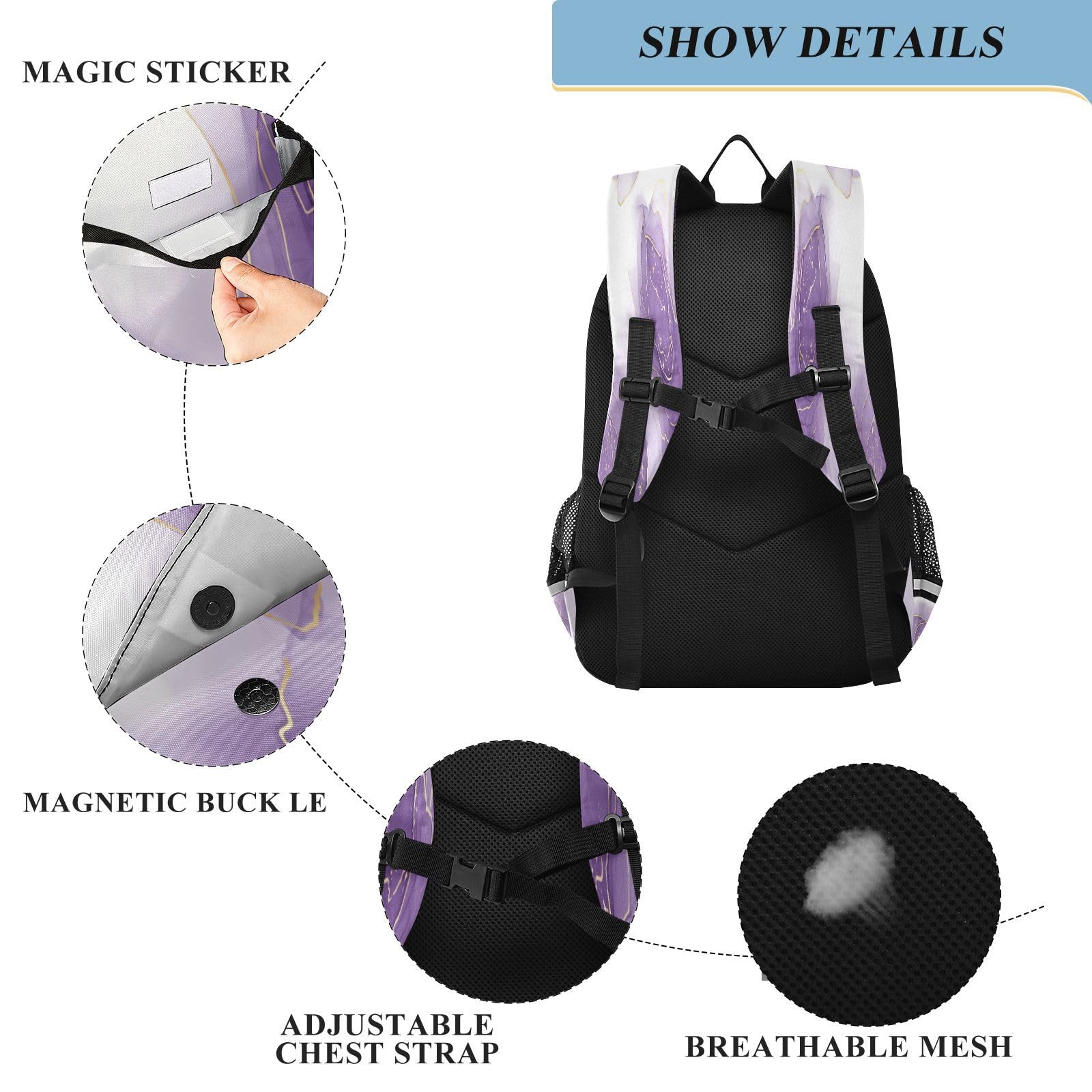 Zaino per computer portatile per bambini con glitter dorato viola marmo scuola media casual zaino quotidiano borsa per laptop da viaggio, B537