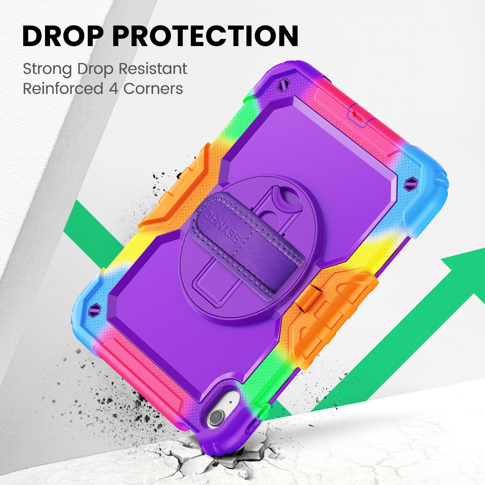 SEYMAC Funda para iPad (A16) 11/10 Generación 2025/2022 (11/10,9 Pulgadas), Resistente a los Golpes con Protector de Pantalla, Soporte Giratorio de 360°, Soporte para Lápiz, Camuflaje Morado