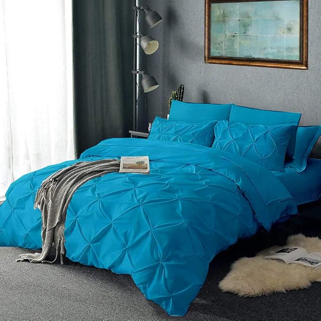 Whitecottonworld Exclusive 800 TC Decorative 3-Piece Pinch Pleated Pintuck Duvet Cover Set King-XL 116x98 Size Zipper Closer with Corner Ties, Natural Cotton Comforter Cover, Turquoise Blue
