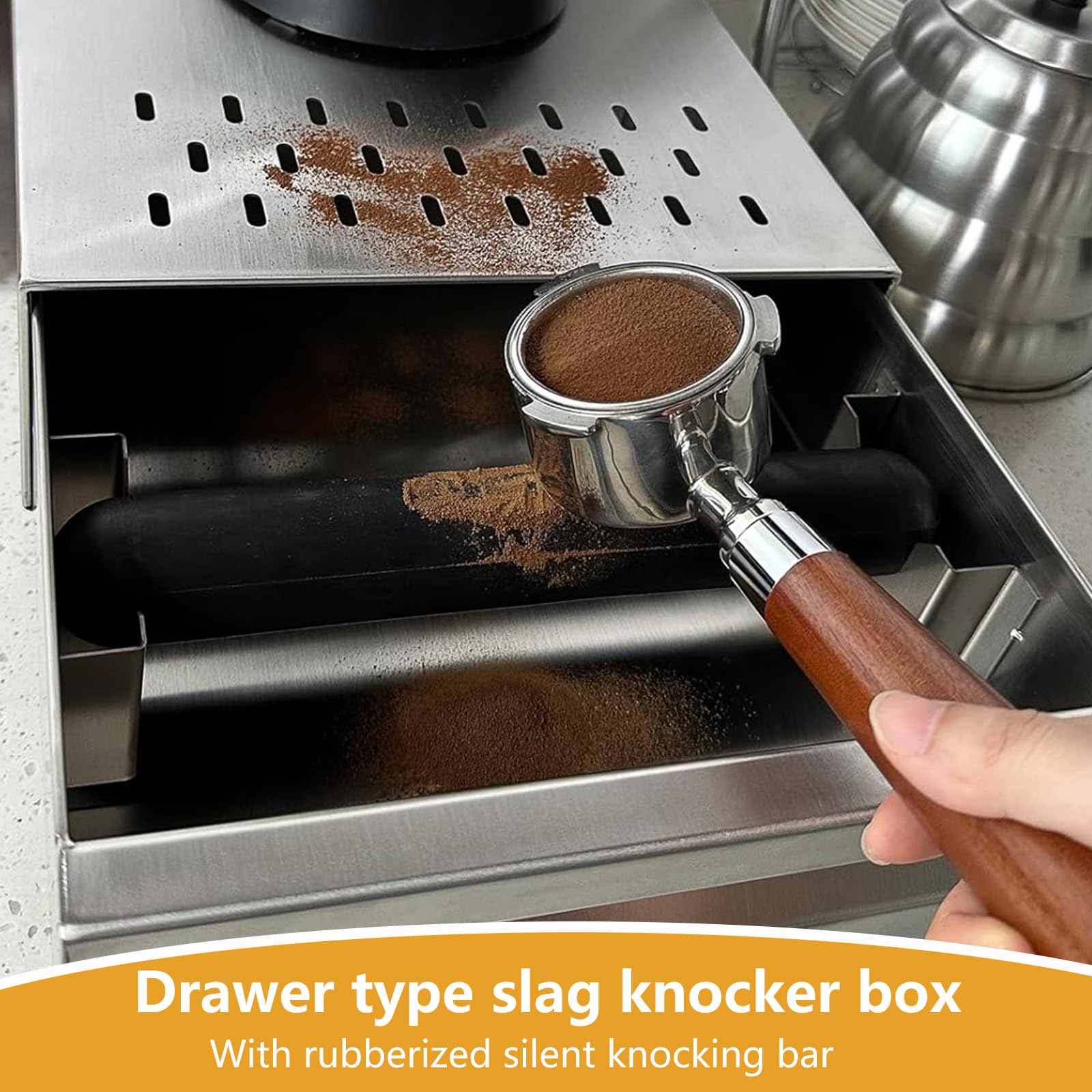 Kaffee Klopf Box Behälter,Kamanan Professional für Kaffeesatz,Edelstahl Kaffeemühlen Klopf Box Geeignet für alle handelsüblichen Kaffeemaschinen, Schubladenprofil aus Edelstahl(280mmx180mmx63mm)
