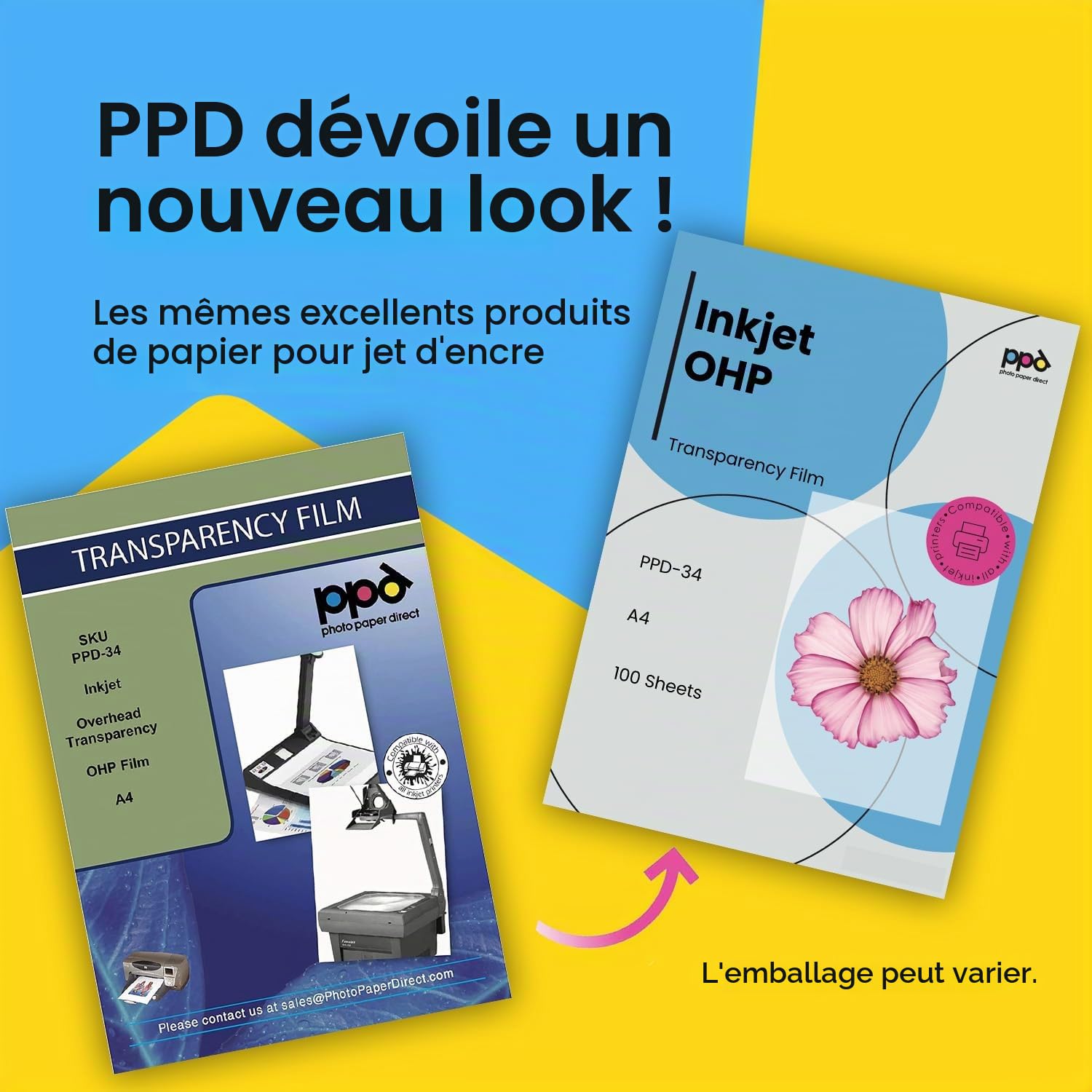 PPD A4 X 100 Films Transparents pour Rétroprojecteur, Impression Jet d'Encre, 10 Feuilles OHP Premium, Noirs Profonds, PPD-34-100