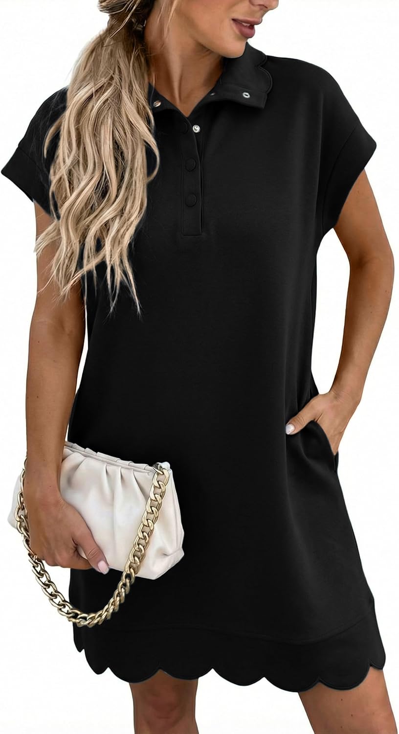 Valiamcep Womens Summer Mini Dress V Neck Collared Cap Sleeve Trendy Beach Vacation Cute Short Tshirt Dresses with Pockets