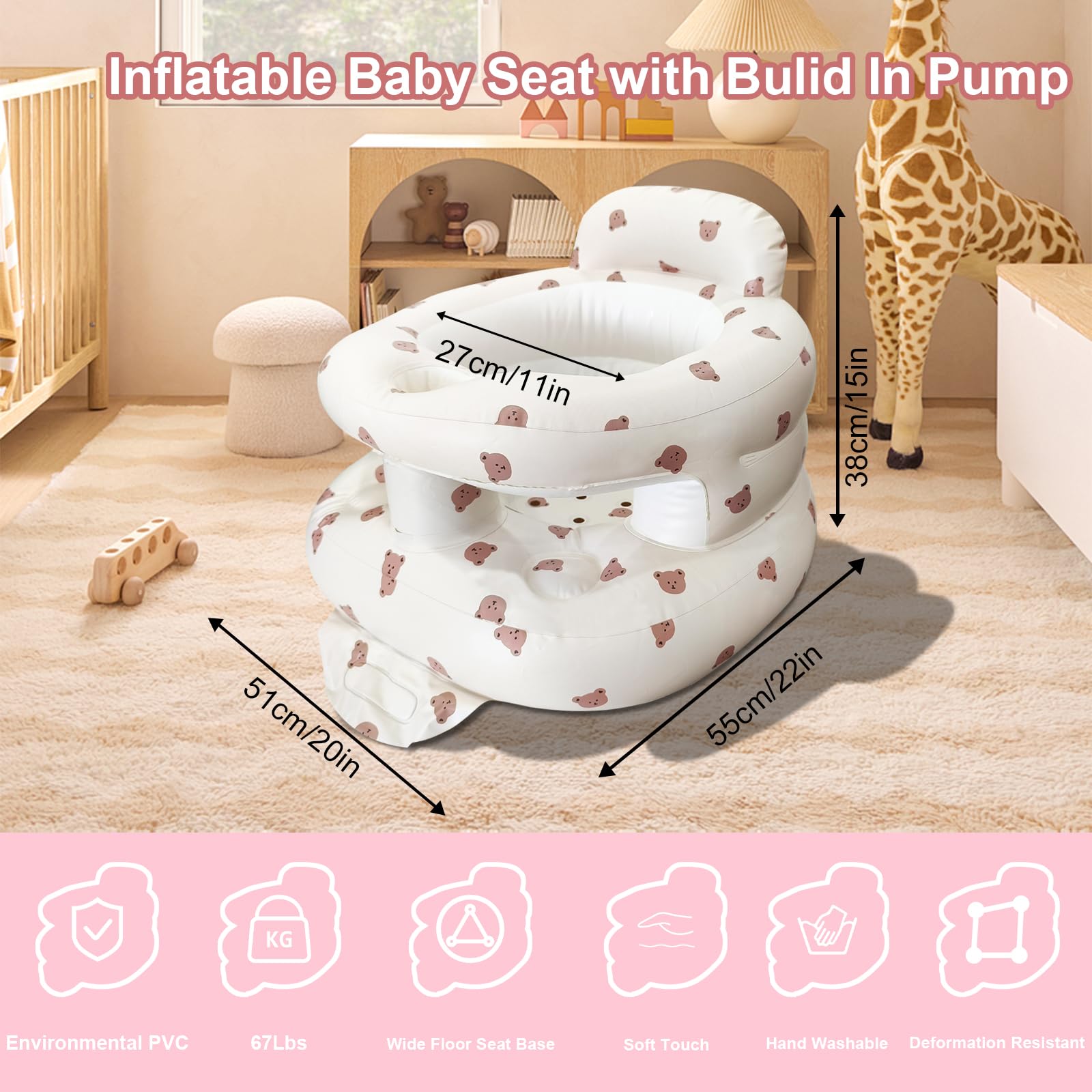 Inflatable Baby Seat for Babies 3-36 Months, Baby Chair with Fence & Built in Air Pump, Blow Up Floor Baby Seat with Back Support, Inflatable Baby Chair Sit Me Up for Home, Travel (Bear)