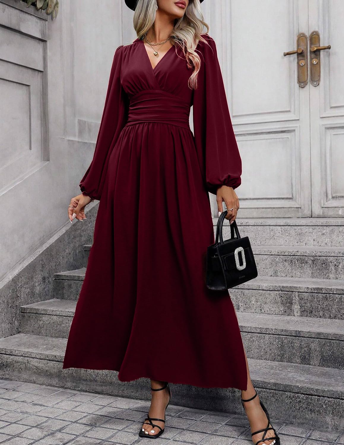 Sukienki damskie 3.0 V Neck Elegancki Długi rękaw Maxi Elastic Casual Sukienka Jesień i Zima