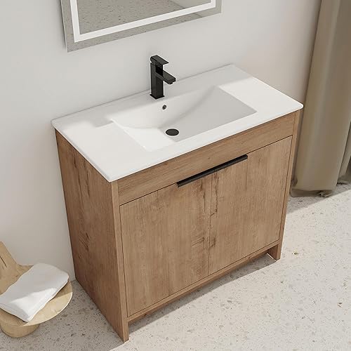 Juego de tocador de baño independiente de 36 pulgadas con lavabo, moderno armario de almacenamiento de baño con fregadero de cerámica blanca,