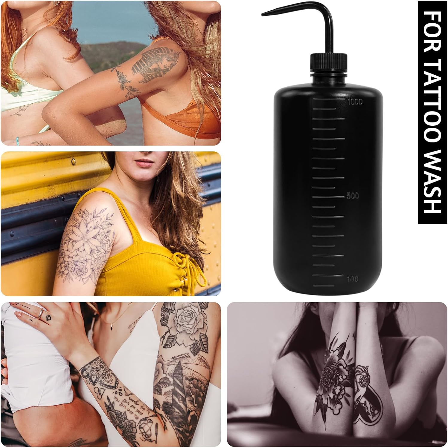 4 Packs Tattoo Wash Bottle Water Squirt Squeeze Diffuser Bottles (Black, 1000ml)