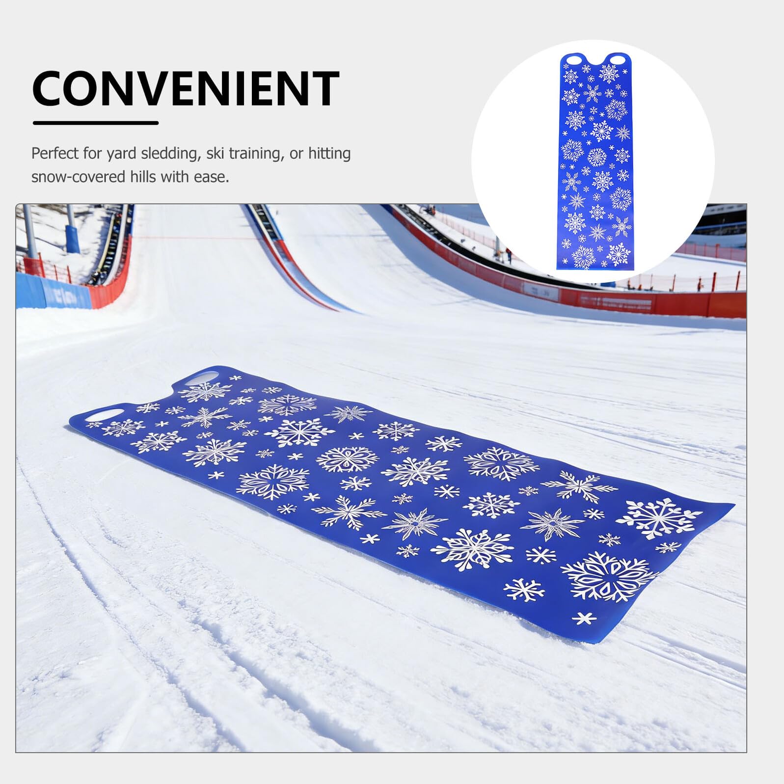 Trineo de Nieve Enrollable 137 Cm para Adultos, Tapete Portátil de Plástico Resistente al Frío con Asas, Diseño Azul con Copos de Nieve, Ligero y Flexible para Colinas