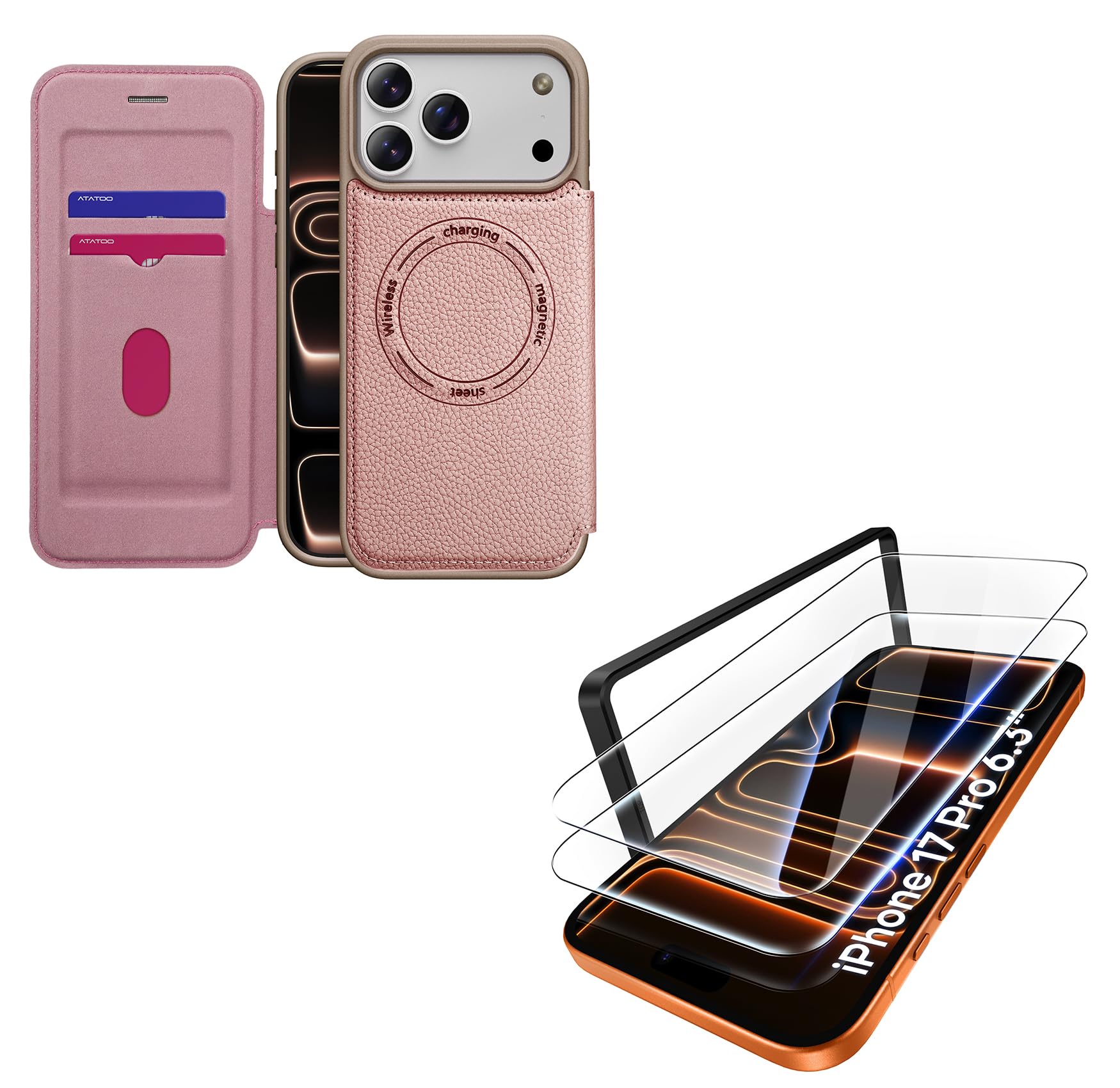 ATATOO for iPhone 17 Pro Wallet Case with HD Tempered Glass Screen Protector [2 Pack], RF…