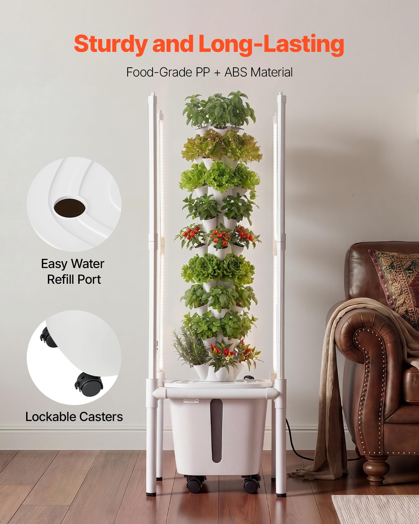 VEVOR Kit de Cultivo Hidropónico, Sistema de Torre Hidropónica de 9 Niveles 45 Agujeros, con Luces de Crecimiento Control por App Ruedas Bomba de Agua, Depósito de 20 L, para Hierbas Frutas Vegetales