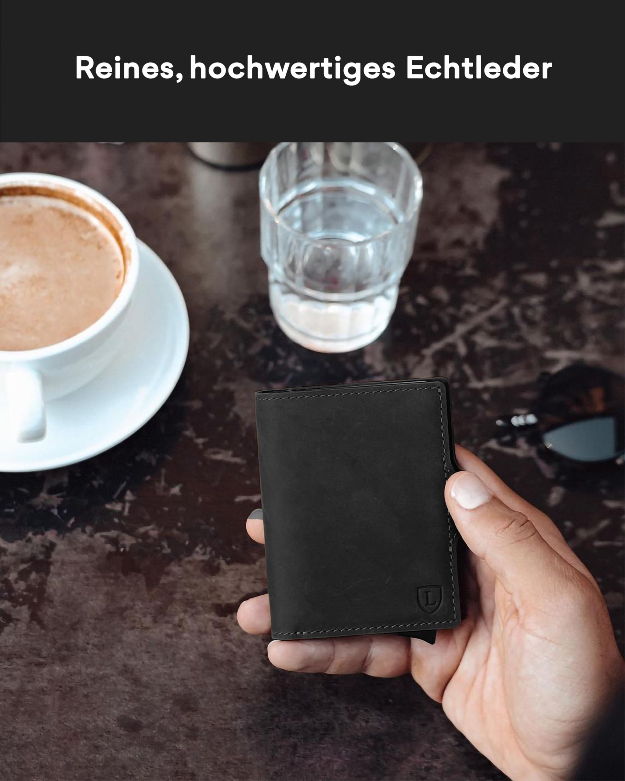 Lederhand® Swipe Vintage XL – Premium Wildleder Geldbörse handgemacht für Herren und Damen Portemonnaie Aluminium Kartenhalter mit Münzfach und Platz für 17 Karten mit RFID NFC Schutz | Schwarz