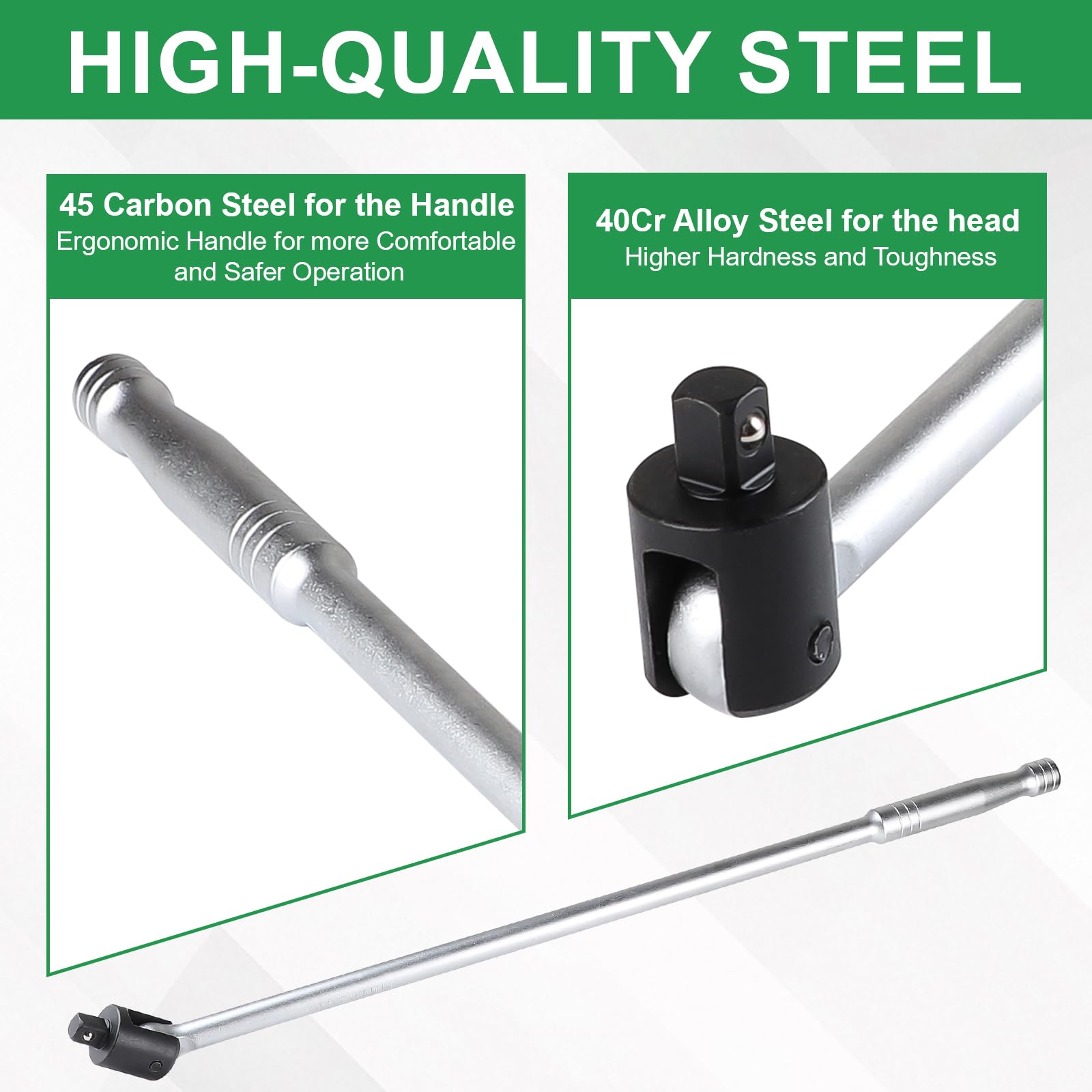 Mango Articulado 1/2 Longitud 600mm, Llave Articulada Rompedora con Cabeza Flexible de 240°, Carraca Articulada 1/2 para Reparaciones de Automóviles, Sustitución de Neumáticos, Plata