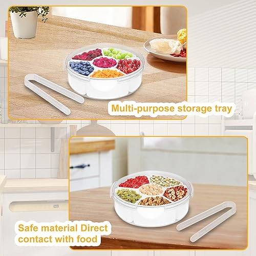 Miniatura 4 de Longzhuo Bandeja de verduras con tapa, bandeja dividida para servir con 6 compartimentos, recipiente redondo para aperitivos, bandeja de aperitivos