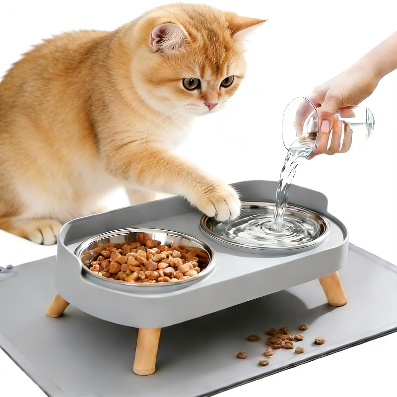 Comedouro Elevado para Gatos DIRZHX com Tapete Impermeável e 2 Tigelas de Aço Inoxidável Grey, Conjunto com 2