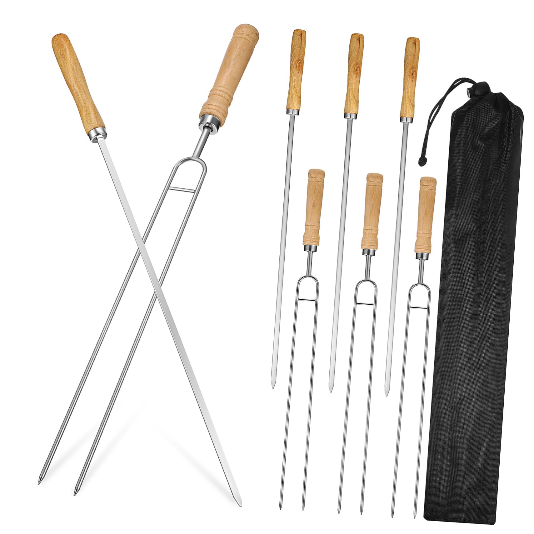Kisangel 8pezzi Spiedini Per Barbecue in Acciaio Inox Spiedini Per Intaglio e Grigliare Pz Con Manico in Legno Doppia Testa e Testa Singola Adatti Per Barbecue Da Campo e Cottura Da Arrosti