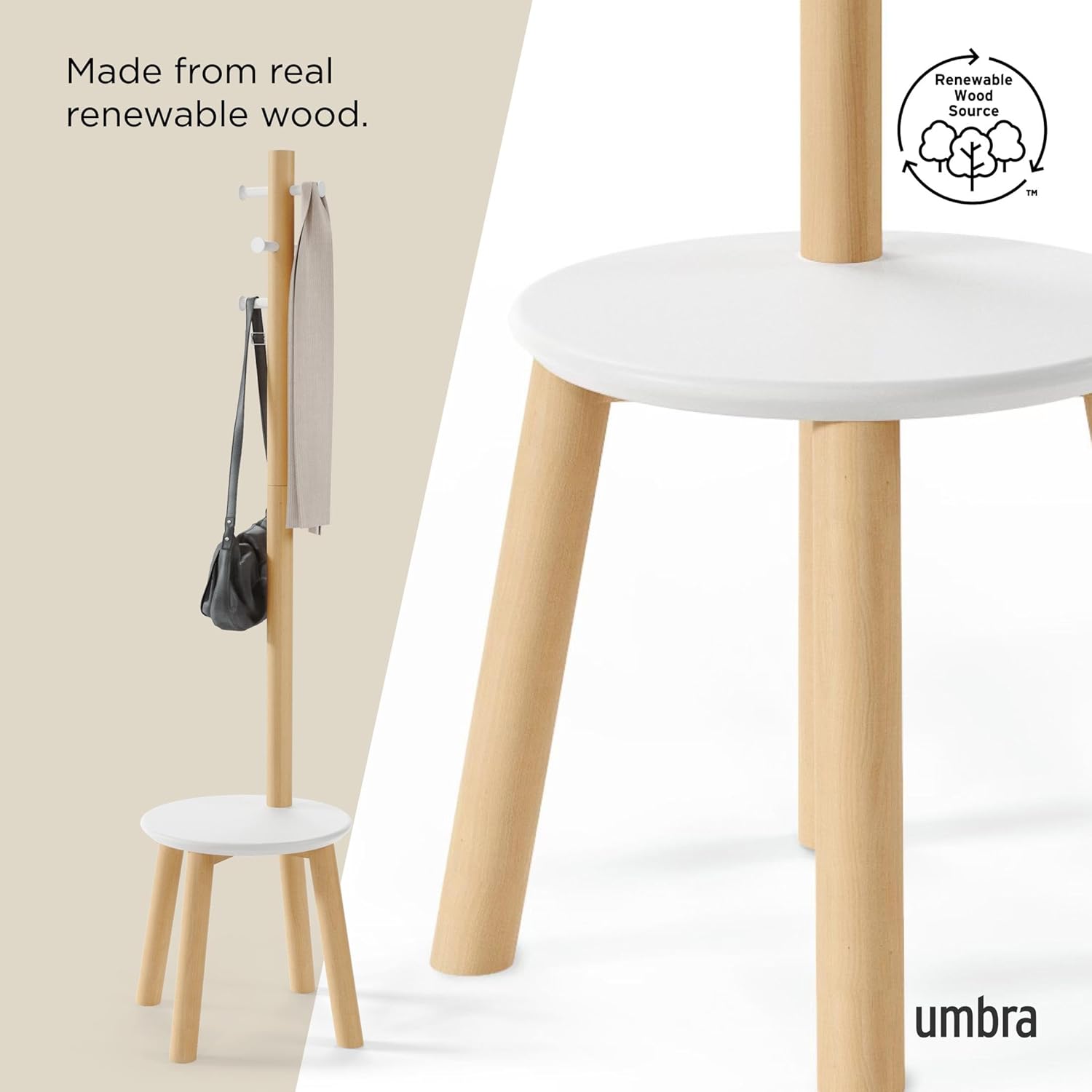 Umbra Pillar Coat Rack, Stool, Clothing Organizer, Umbrella Holder and Hat Organizer, Great for Entryway, White/Natural