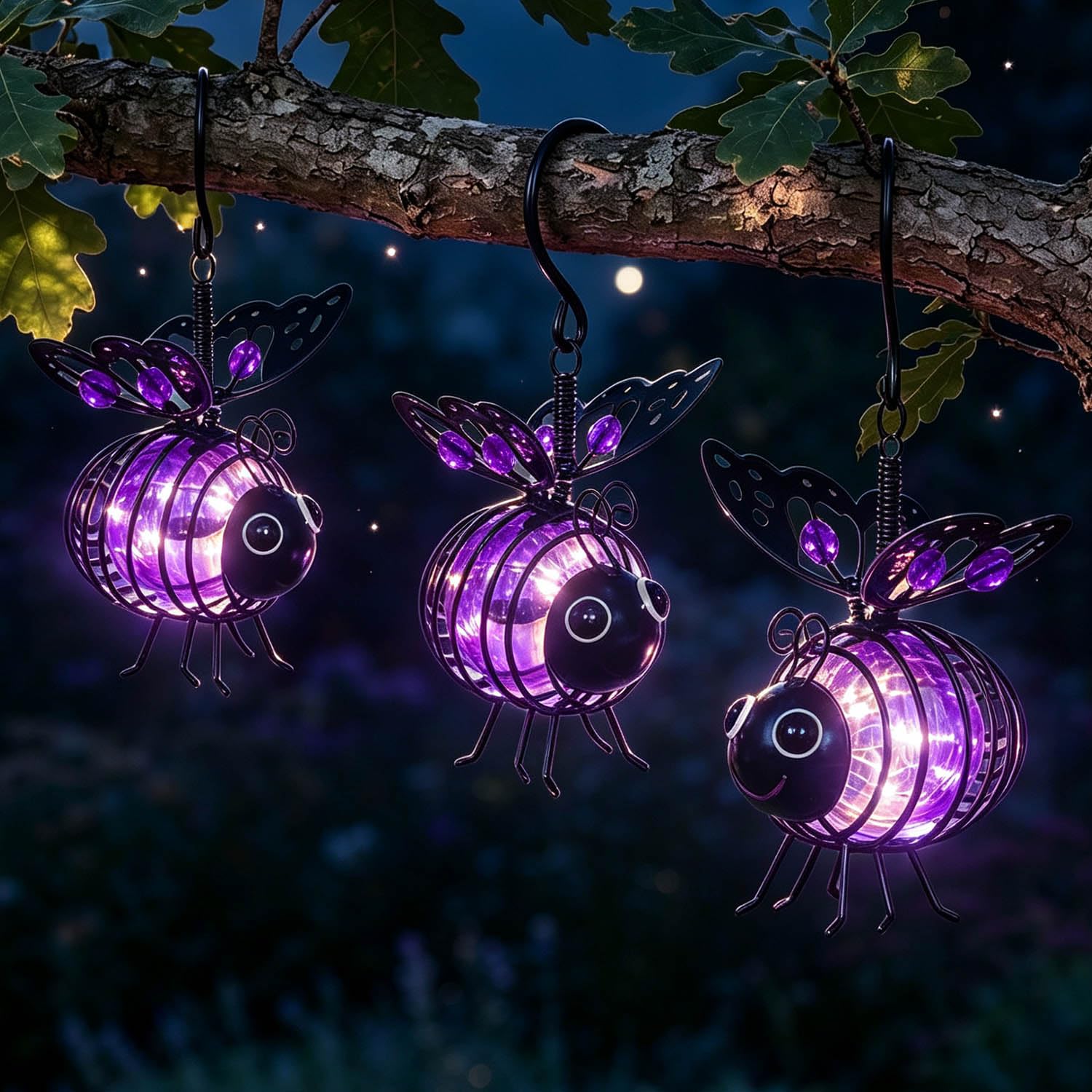 Solar-Powered Hanging Bee Light for Garden, 4-Pack Metal Glow Lanterns with Spring Hook, Flicker-Free Auto Sensor Outdoor Decor for Patio, Yard, Balcony & Tree Branches (2*PurpleA)