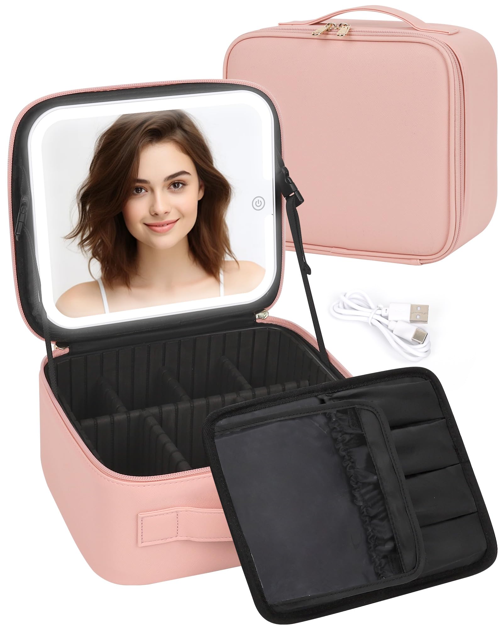 Makeup Bag With LED Mirror, Travel Makeup Case with Light up Mirror Large Cosmetic Case with 3 Color Lighted Portable Professional Makeup Artist Organizer Bag with Adjustable Dividers