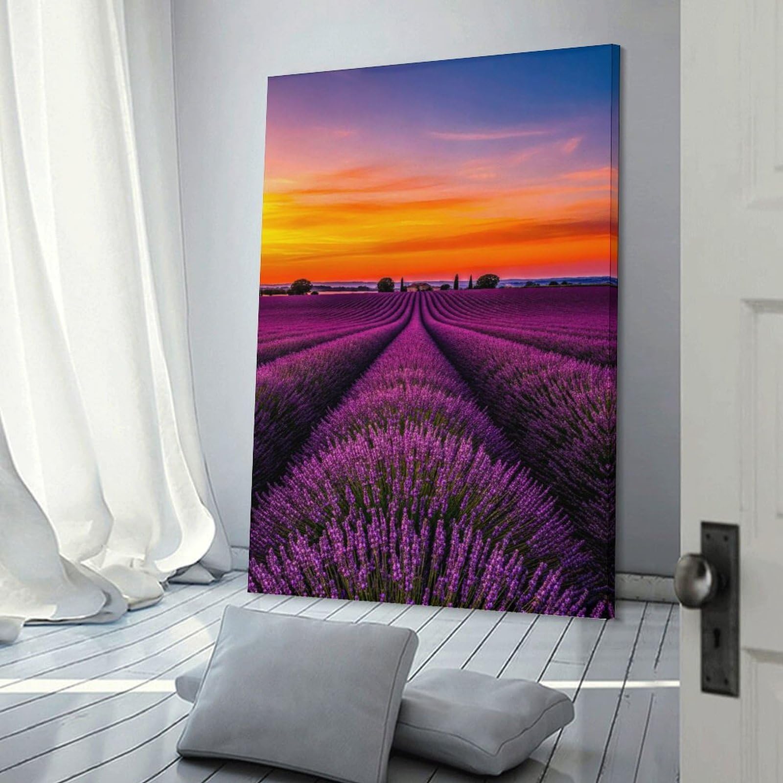 Junmoney Lavender Field at Sunset Room Decor Wall Art 24x36inch(60x90cm), for Art Walls, Layered Displays Or Homes, Wall Decor Suited to Curated Displays