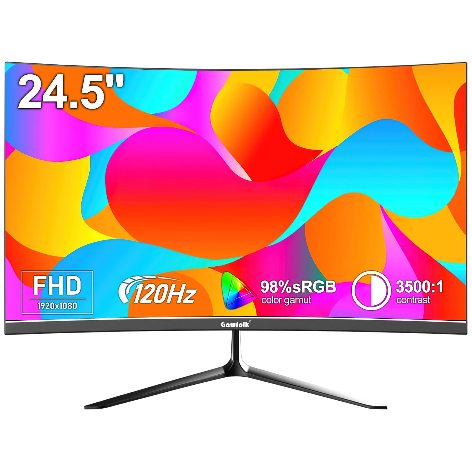 Gawfolk 24.5 Inch Curved Gaming Monitor FHD 120Hz Computer Monitor VA 3000R 98% sRGB Flicker-Free Display Screen Suitable for home, office and surveillance (Built-in speaker) 24.5-INCH-FHD120Hz-Built in Speaker
