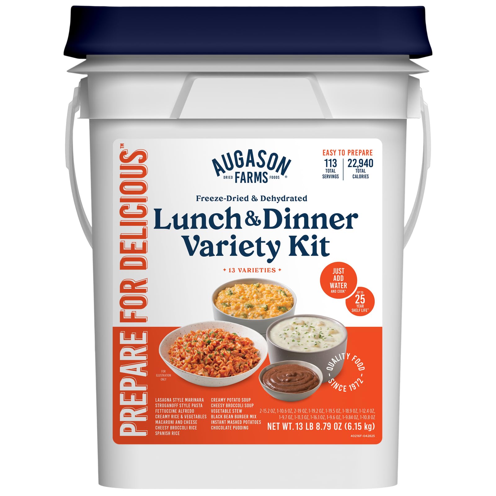 Lunch & Dinner Variety Kit Emergency Food Supply, 113 Servings, 25 Year Shelf Life - Dehydrated Meals, Survival Food Camping Essentials, 4 Gallon Bucket
