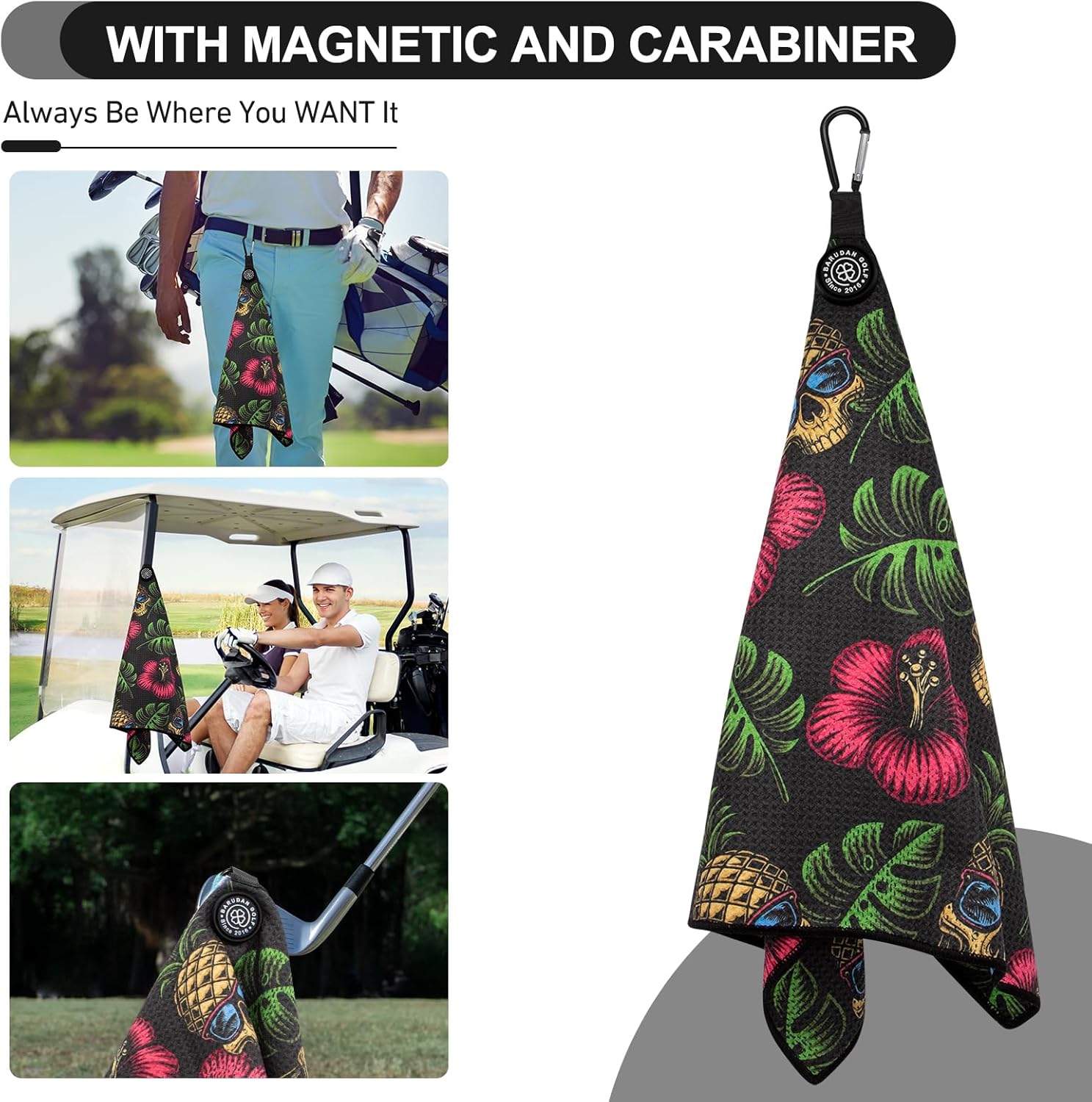 Magnetic Golf Towel for Men Women Golfer - Microfiber Golf Towel Magnet with Waffle Texture - Strengthen Magnet Golf Towels for Strong Hold to Metal Objects (Black Red Flower) - Image 5
