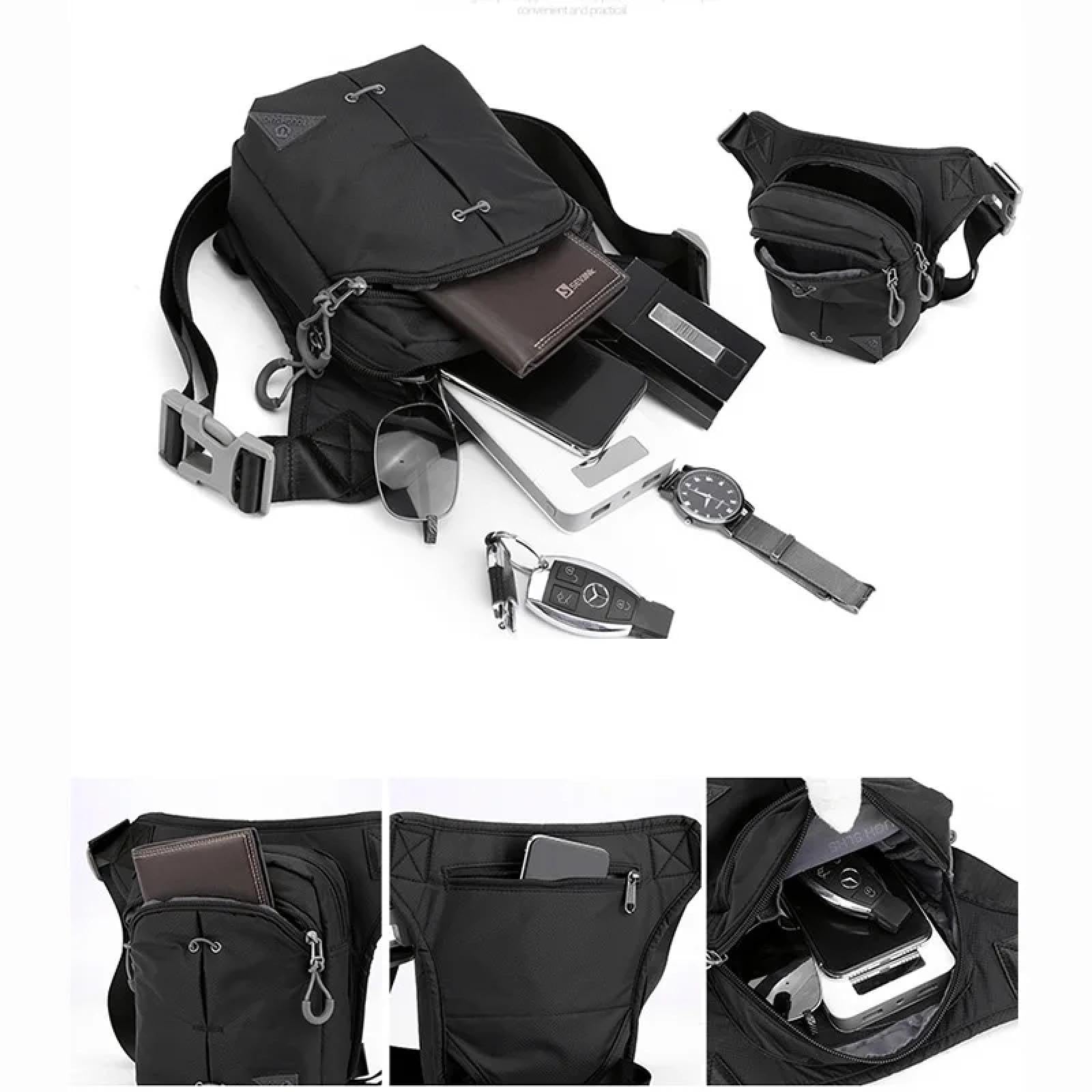 Riñonera Hombre Drop Leg Bag Cintura Viaje Nylon Cinturón Masculino Bolsos De Cadera Cruzados Negro