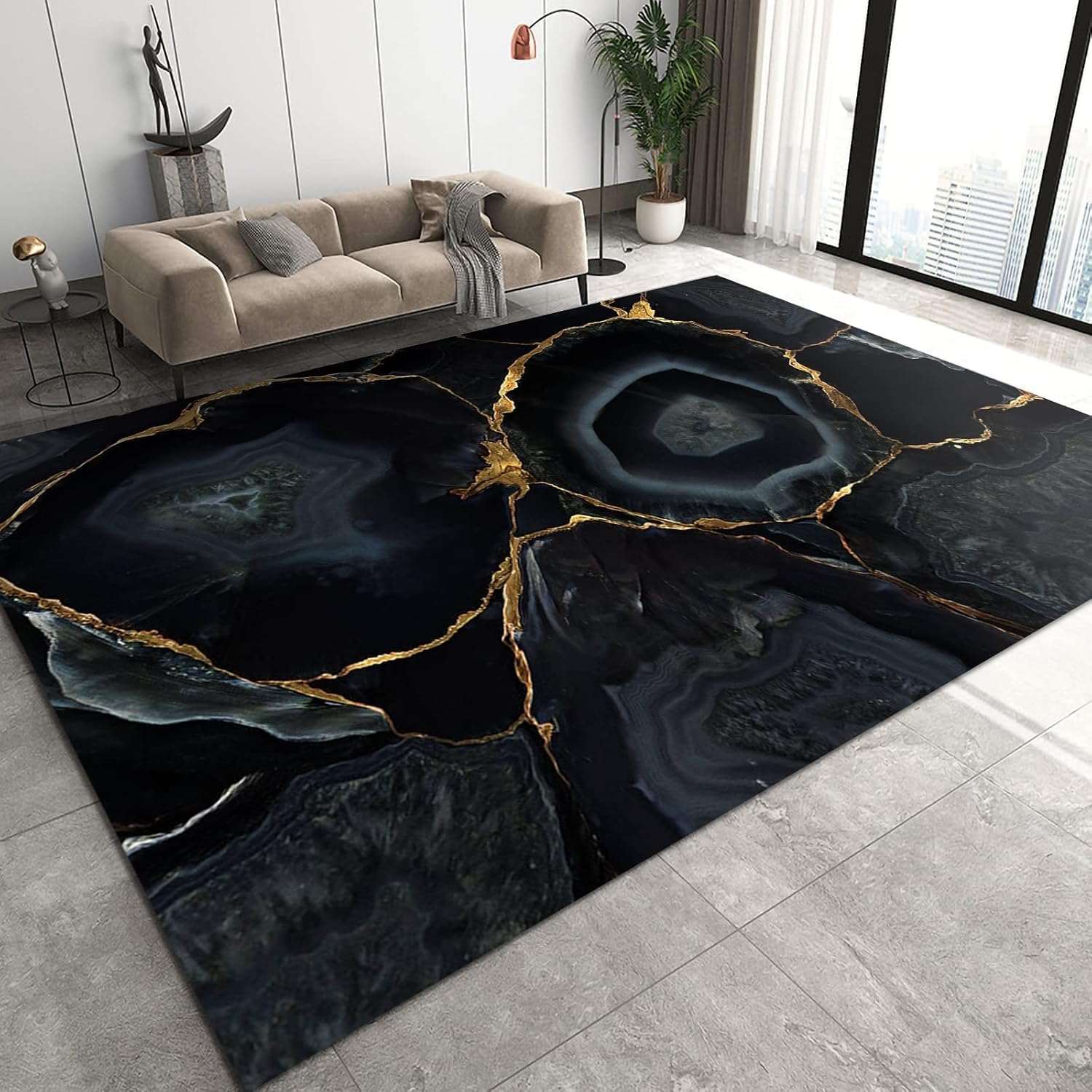 Tapis chic bleu noir 120x170 cm aux finitions dorées pour une décoration raffinée