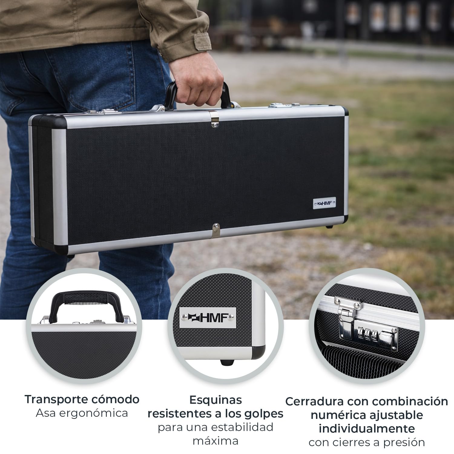 HMF 14433-02 Funda de Aluminio para Pistola con Cerradura de combinación | 62 x 26 x 12 cm | Negro