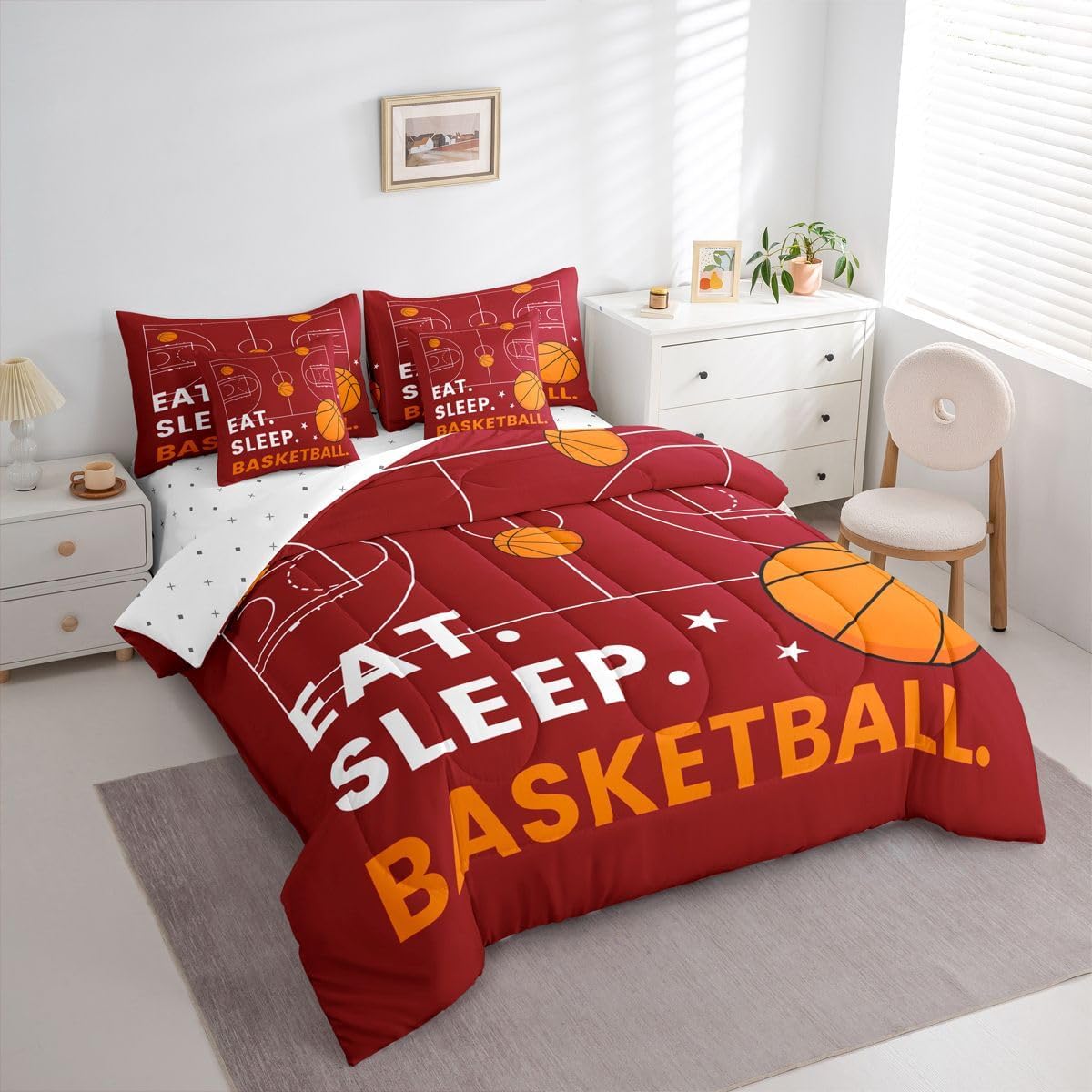 Erosebridal Boys Basketball King Comforter Set with Sheets 7 Piece Red Sports Theme Bed in A Bag Gaming Sports Ball Games Bedding Sets for Teens Teenager Basketball Court Pattern Bed Set image 3