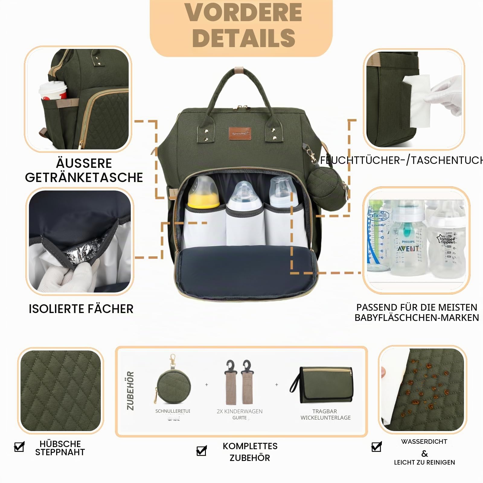 ROSEGIN Wickelrucksack Groß - Baby Wickeltasche Rucksack Wasserdicht & Leicht mit Wickelunterlage, Schnullertasche & Kinderwagenhaken - Diaper Bag Babytasche für Mama & Papa