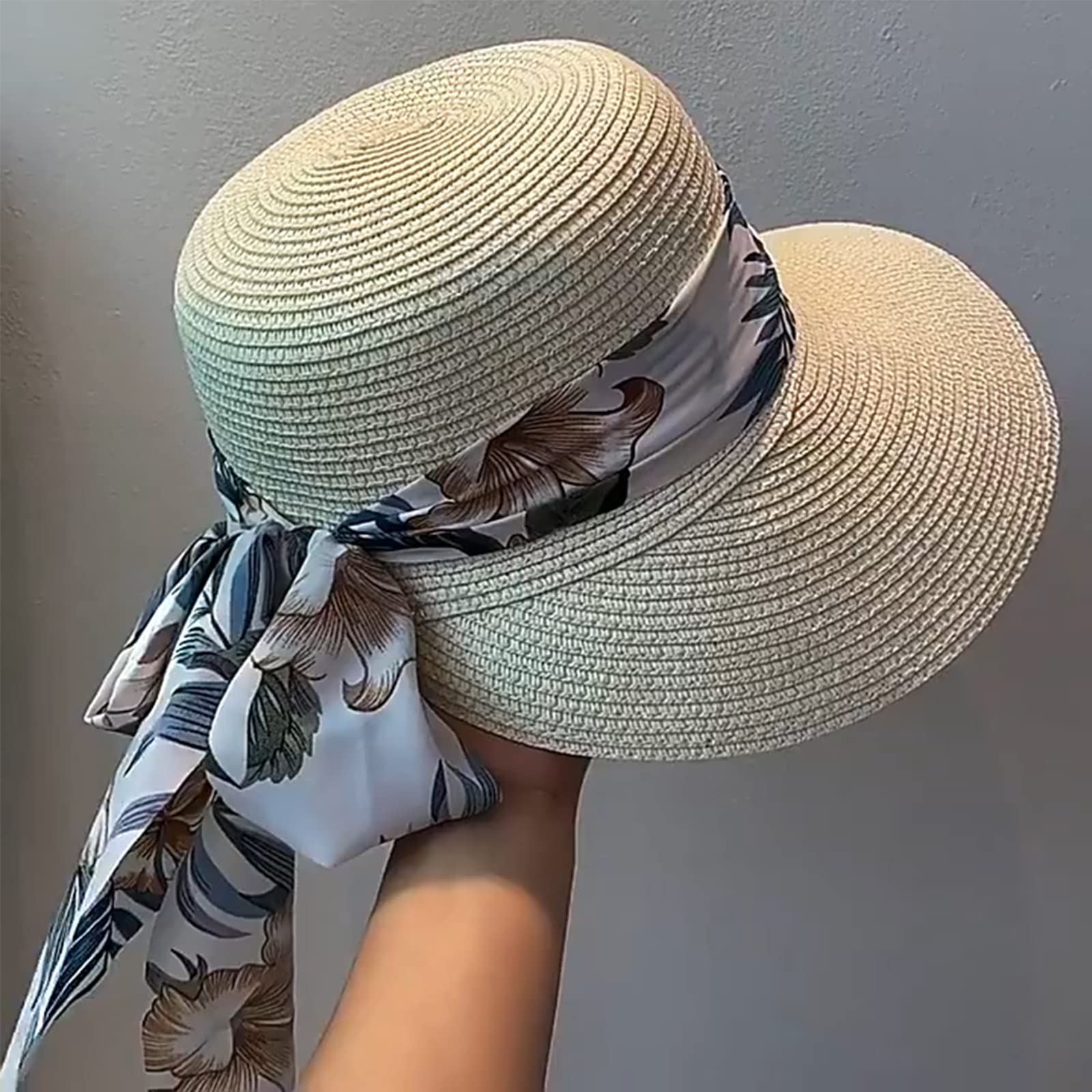Casquettes rétro Chapeau Paille Visières Femme Chapeau d'été Pliable Grande Bord avec Nœud pour Femme Fille Capline Vintage pour Plage 58CM