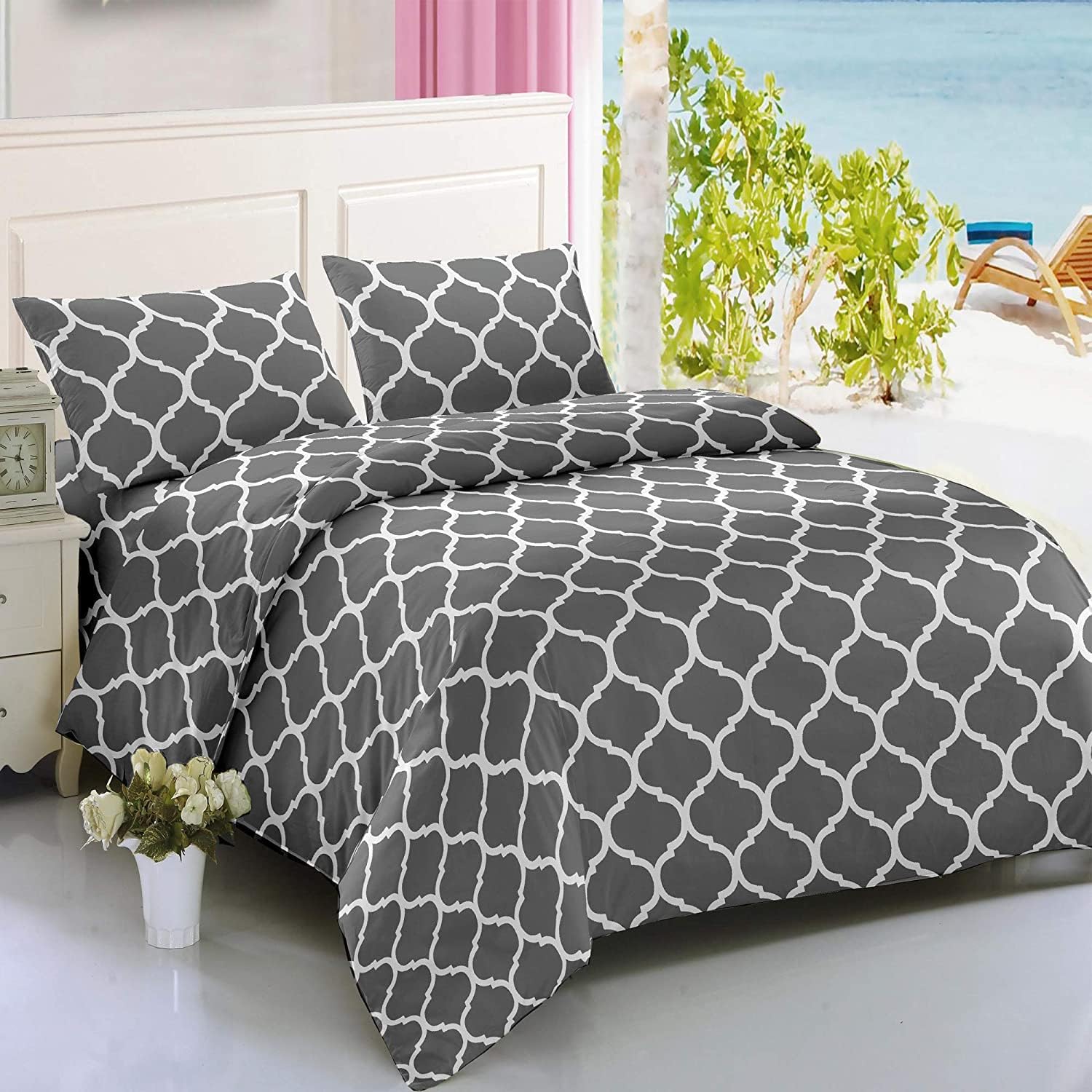 Adam Home Double Duvet Set - 3 PCS Printed Soft Microfiber Duvet Cover Double with Pillowcases (200 x 200cm) – Grey