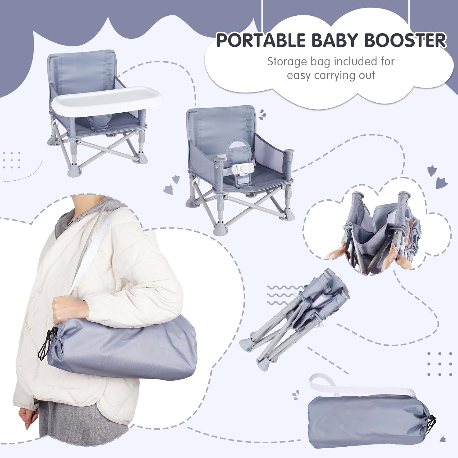 Portable Baby Chair, Folding Booster Seat with Tray for Dining Table Compact Camping Chair for Lawn Beach Travel Babies 6-36 Months