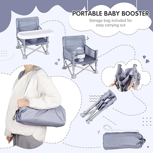 Miniatura 3 de Silla de bebé portátil, asiento elevador plegable con bandeja para mesa de comedor, silla de camping compacta para césped, playa, viajes, bebés de 6
