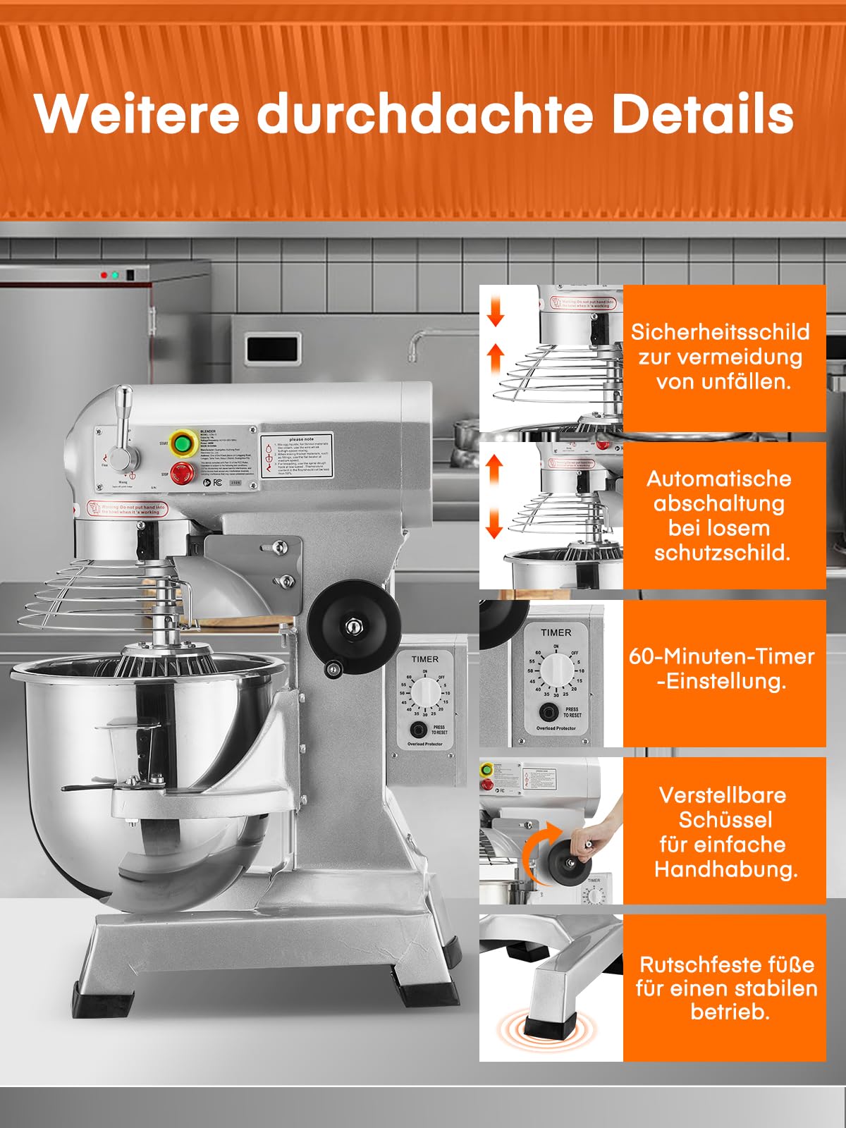 Profi Teigknetmaschine 15L mit Planetenrührwerk 600W Starkleistung (3 Stufen 135, 220, 409 U/min), inkl Edelstahl-Rührschüssel, Knethaken & Schneebesen für Bäckerei, Gastronomie & Haushalt